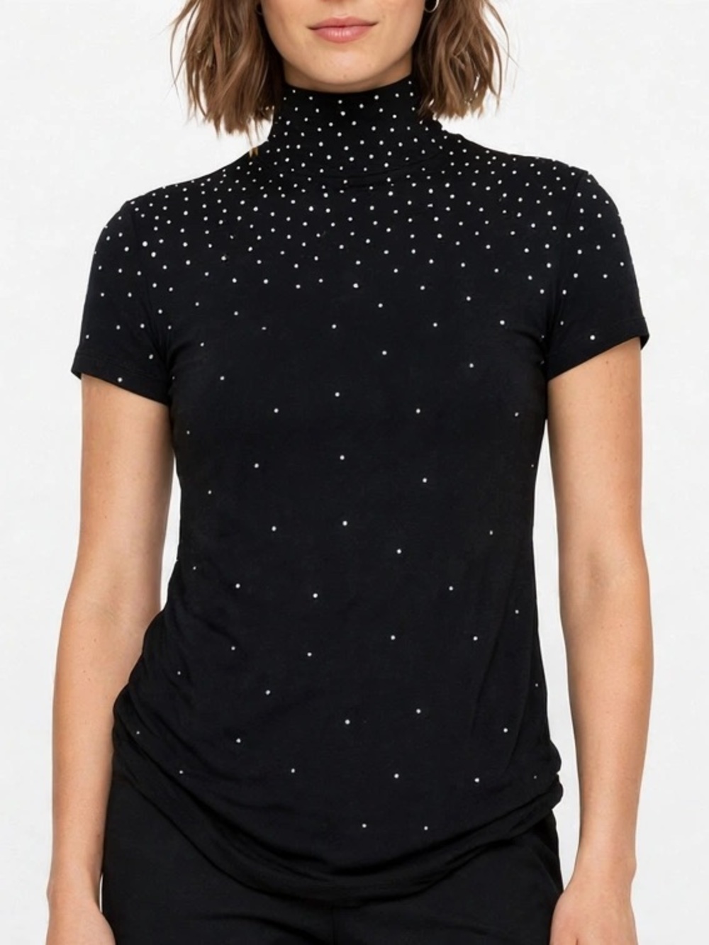 St. John Rhinestone Turtleneck Short Sleeve Stretch Top Black Size Small
